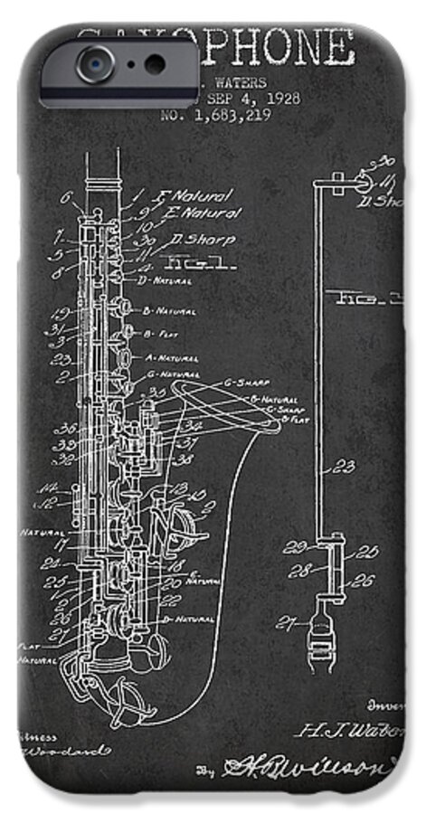 Saxophone iPhone 6s Case featuring the digital art Saxophone Patent Drawing From 1928 #2 by Aged Pixel