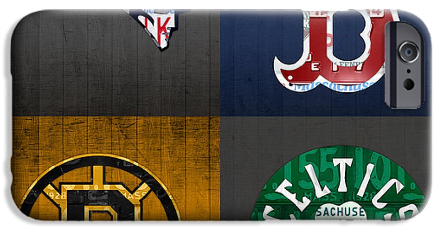 #faatoppicks iPhone 6s Case featuring the mixed media Boston Sports Fan Recycled Vintage Massachusetts License Plate Art Patriots Red Sox Bruins Celtics by Design Turnpike