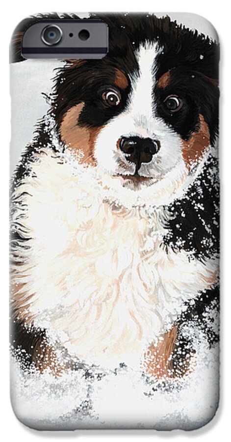 Bernese Mountain Dog Pup Puppy Mounds Of Snow Crazy Playing Happy Snow Drifts Flakes Crazed Liane Weyers Artist Painting Best Berner Artist iPhone 6s Case featuring the painting Crazy for Snow by Liane Weyers