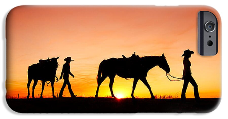 Cowgirls Silhouette Horses Sunset Sunrise Twilight Horizon Landscape Beautiful Sexy Sky Women Two Pair Girls Cowboys Rural Ranch Countryside Havre Montana Country Evening Saddle Outdoors Beauty Nature Sun Sunlight Orange American West Side View Yellow Dusk Dawn Leading Harness Halter Walking Agriculture Guest Ranch Recreation Femininity Young Feminine Legs Bright Back Lit Horizon Over Land Western West Great Plains Equine Quarter Horse Best iPhone 6s Case featuring the photograph Off to the Barn by Todd Klassy