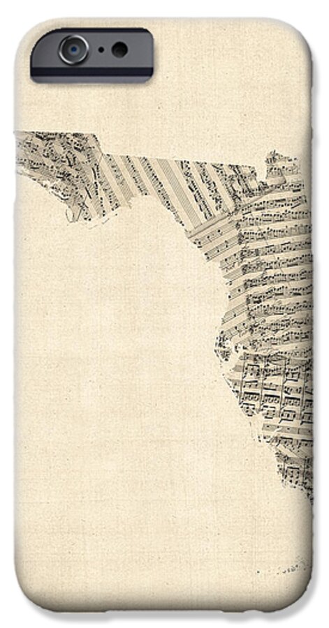 Florida iPhone 6s Case featuring the digital art Old Sheet Music Map of Florida by Michael Tompsett