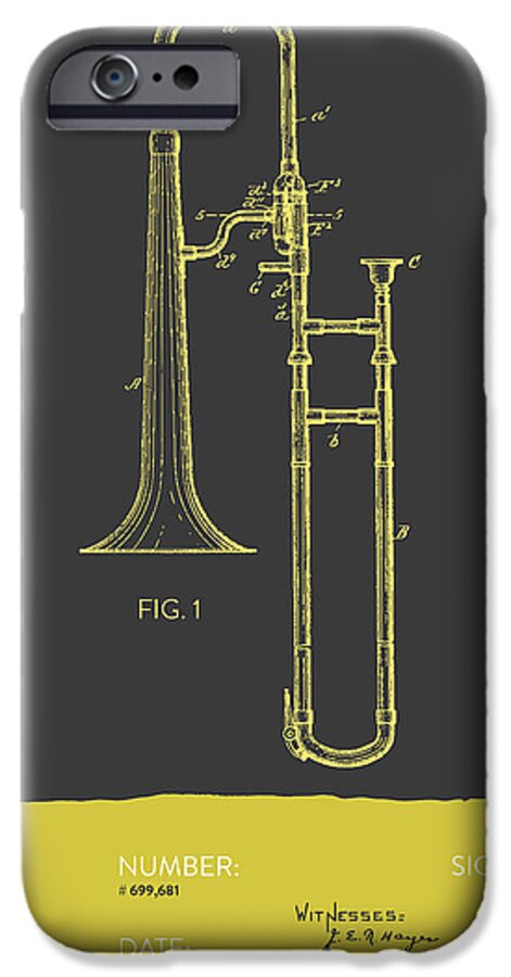 Trombone iPhone 6s Case featuring the digital art Trombone Patent from 1902 - Modern Gray Yellow by Aged Pixel