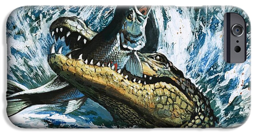 Fish; Eating; Fishing; Water; Splash; Alligator iPhone 6s Case featuring the painting Alligator Eating Fish by English School