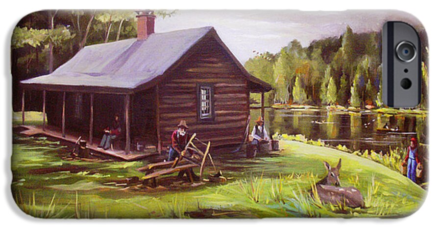 Log Cabin By The Lake iPhone 6s Case featuring the painting Log Cabin by the Lake #2 by Nancy Griswold