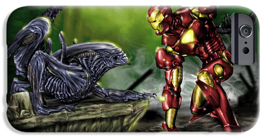 Alien iPhone 6s Case featuring the painting Alien vs Iron Man by Pete Tapang