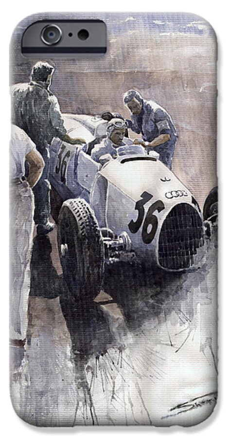 Auto iPhone 6s Case featuring the painting Auto Union B type 1935 Italian GP Monza B Rosermeyer by Yuriy Shevchuk