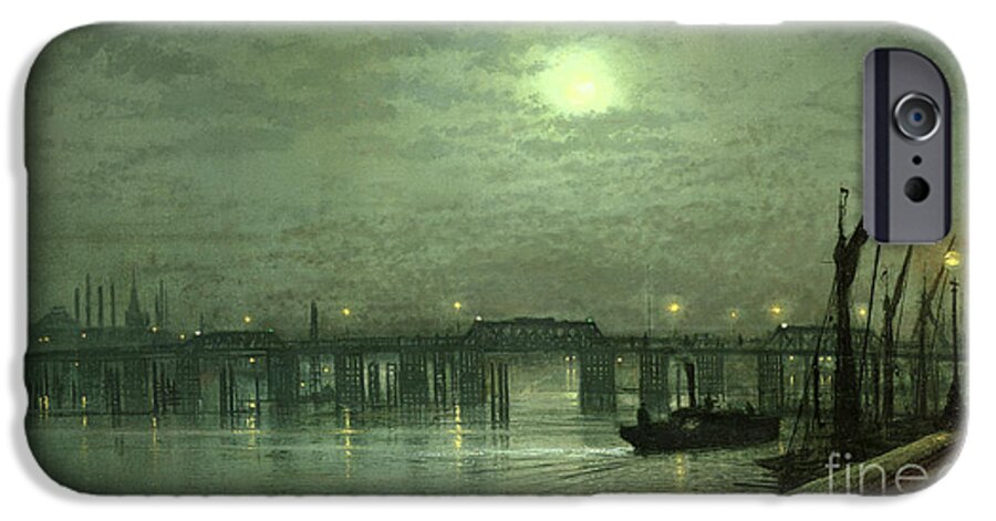 Nocturne; Night; Moon; Moonlit; River Thames; Chelsea; Boat; Steamboat iPhone 6s Case featuring the painting Battersea Bridge by Moonlight by John Atkinson Grimshaw