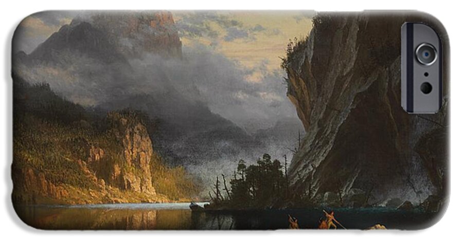 Landscape; Romantic; Romanticist; America; North America; American; North American;landscape; Rural; Countryside; Wilderness; Scenic; Picturesque; Atmospheric; Indians; Native American; Native Americans; American Indian; American Indians; Lake; River; Dramatic; Clouds; Mountains; Mountainous; Western; Rugged; Cliffs; Beach; Boat; Fishing; Spear; Spears; Waterfall iPhone 6s Case featuring the painting Indians spear fishing by Albert Bierstadt