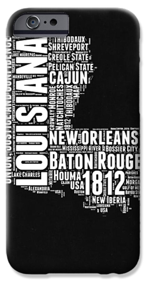 Louisiana iPhone 6s Case featuring the digital art Louisiana Black and White Word Cloud map by Naxart Studio