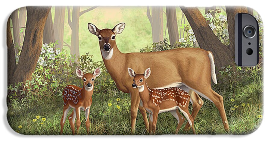 Whitetail Deer iPhone 6s Case featuring the painting Whitetail Doe and Fawns - Mom's Little Spring Blossoms by Crista Forest