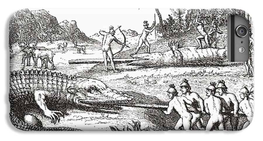 Hunting iPhone 6s Plus Case featuring the drawing Hunting alligators in the Southern States of America by Theodor de Bry