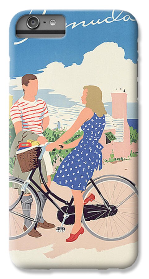 Advert; Advertisement; Tourism; Travel; Caribbean; Island; Male; Female; Bicycle; Bike; Basket; Summer; Holiday; Vacation; Blue Dress; 1950s; 50s; Fifties; Romantic; Romance; Flirting; Landscape; Seaside; Coast; Coastal; Sunny; Lovers; Couple; Exotic; Jet Set iPhone 6s Plus Case featuring the drawing Poster advertising Bermuda by Adolph Treidler