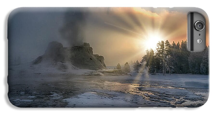 Sunrise;yellowstone;national Park;wyoming;landscape;dawn;castle Geyser;winter;runoff;steam;fog;smoke;clouds;ice;snow;thermals;geysers;features;sandra Bronstein;winterscapes;winterscape;fine Art Photography;frigid;haze;geothermal;landscapes;natural Feature;morning;western United States;out West;iconic;travel;tourism;daybreak;trees;eruption;silica;horizontal;popular iPhone 6s Plus Case featuring the photograph Sunrise on Castle Geyser - Yellowstone by Sandra Bronstein