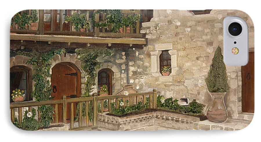 Greek Courtyard iPhone 7 Case featuring the painting Greek Courtyard - Agiou Stefanou Monastery -Balcony by Jan Dappen