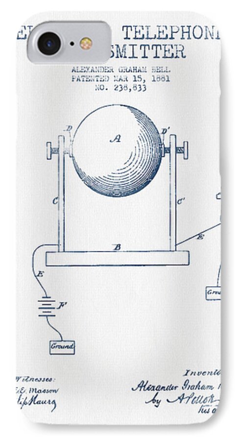 Alexander Graham Bell iPhone 7 Case featuring the drawing Alexander Graham Bell Electric Telephone Transmitter Patent from #1 by Aged Pixel