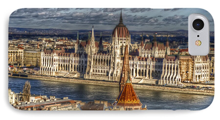 Travel; Landmark; Architecture; Hungary; Famous; Building; Scene; Budapest; City; Night; Hungarian; Cityscape; Capital; Monument; Europe; Danube;culture; Town; Urban; National; Palace; Buda; Dark; Sky; European; ; River; Bridge; Structure; International iPhone 7 Case featuring the digital art Buda Parliament #1 by Nathan Wright
