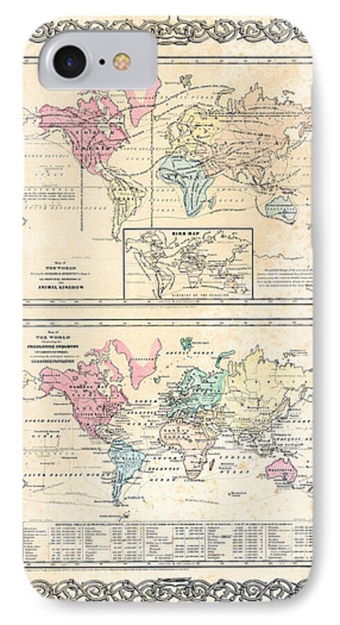 1855 iPhone 7 Case featuring the photograph 1855 Antique First Plate Ortelius World Map Animal Kingdom World Commerce and Navigation by Karon Melillo DeVega