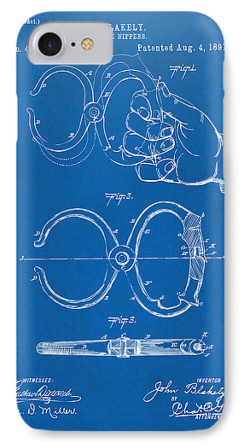 Police iPhone 7 Case featuring the digital art 1891 Police Nippers Handcuffs Patent Artwork - Blueprint by Nikki Marie Smith