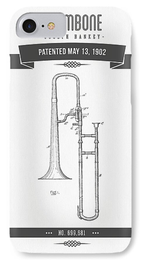 Trombone iPhone 7 Case featuring the digital art 1902 Trombone Patent Drawing by Aged Pixel
