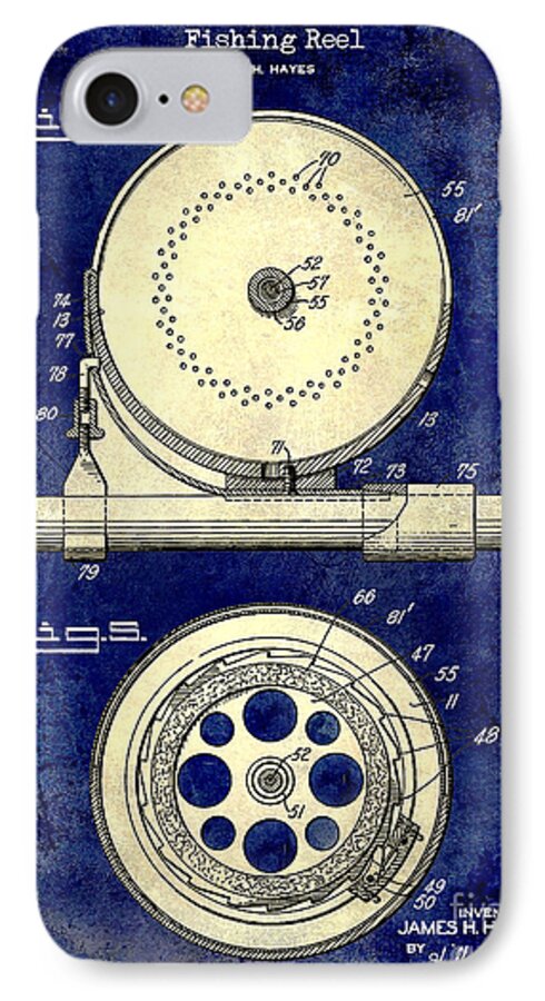 Fish Patent iPhone 7 Case featuring the photograph 1942 Fishing Reel Patent Drawing 2 Tone Blue by Jon Neidert