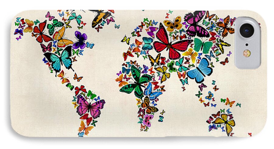 World Map iPhone 7 Case featuring the digital art Butterflies Map of the World #2 by Michael Tompsett