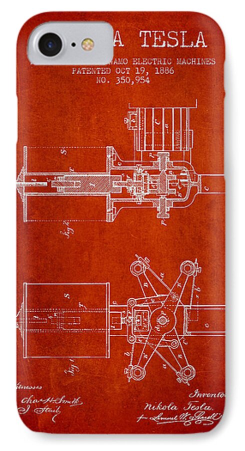 Tesla iPhone 7 Case featuring the digital art Nikola Tesla Patent Drawing From 1886 - Red #2 by Aged Pixel