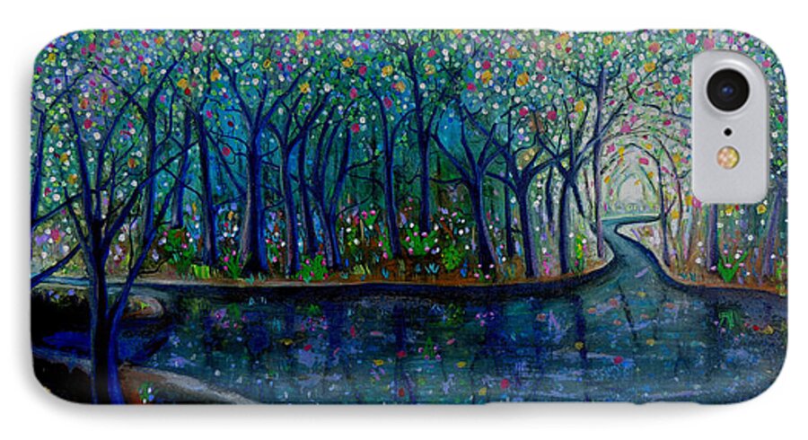 Abstract iPhone 7 Case featuring the painting Glistening Forest Lake by Shirley Smith