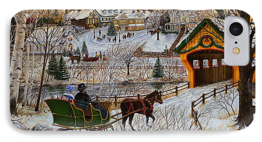 a Christmas Sleigh Ride Is A A Specially Cropped Scene From winter Memories. See The Original Full Size Painting Of winter Memories. iPhone 7 Case featuring the painting A Christmas Sleigh Ride by Doug Kreuger