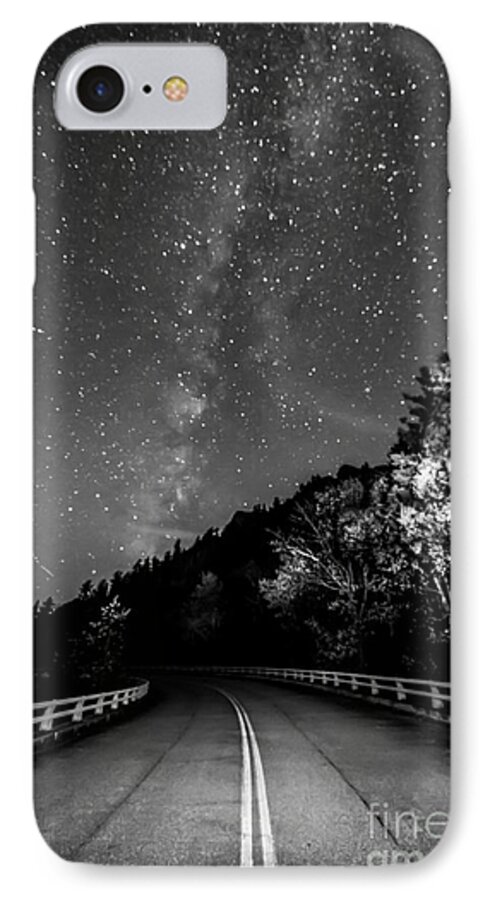 The Milky Way Rising Above The Linn Cove Viaduct And Grandfather Mountain Processed In Black & White. Milky Way iPhone 7 Case featuring the photograph Acid Trip Black and White Edition by Robert Loe