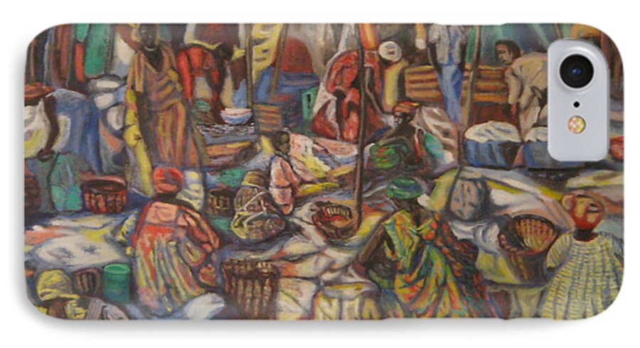 Landscape City Market Africa iPhone 7 Case featuring the painting African Market by Enrique Ojembarrena