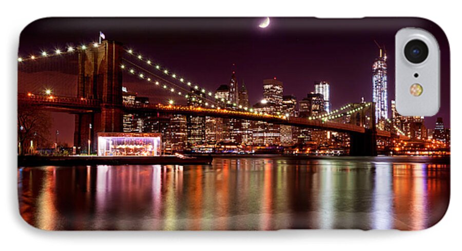 America iPhone 7 Case featuring the photograph Amazing New York Skyline and Brooklyn Bridge with Moon Rising by Mitchell R Grosky