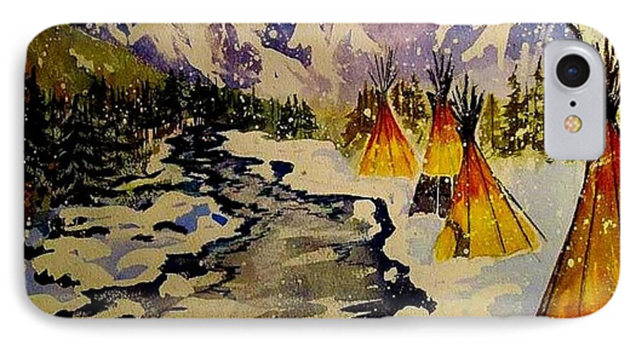 Winter Camp Teepee Tipi Snow Mountains iPhone 7 Case featuring the painting Another Lifetime by Esther Woods