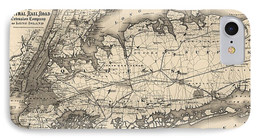Long Island iPhone 7 Case featuring the drawing Antique Map of Long Island and New York City - 1873 by Blue Monocle