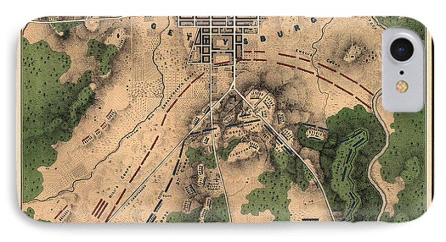 #faatoppicks iPhone 7 Case featuring the drawing Antique Map of the Battle of Gettysburg by William H. Willcox - 1863 by Blue Monocle