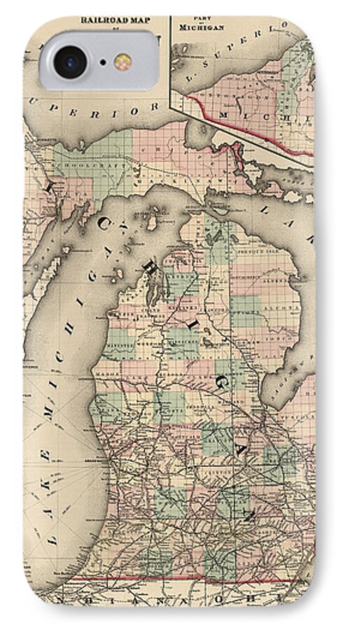 Michigan iPhone 7 Case featuring the drawing Antique Railroad Map of Michigan by Colton and Co. - 1876 by Blue Monocle