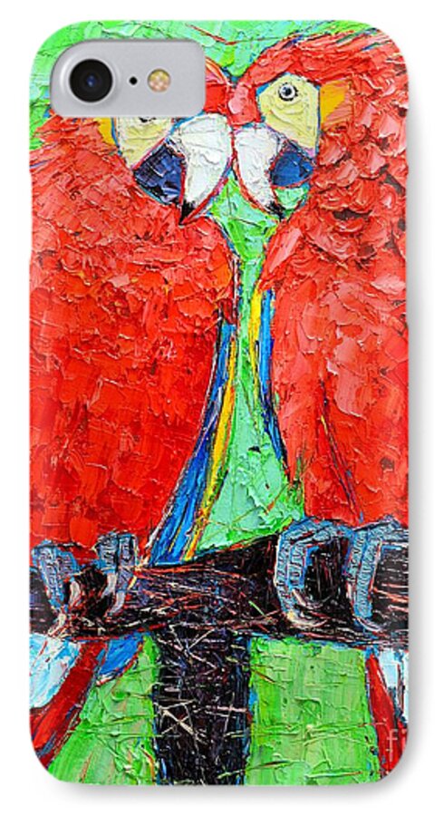 Parrots iPhone 7 Case featuring the painting Ara Love A Moment Of Tenderness Between Two Scarlet Macaw Parrots by Ana Maria Edulescu