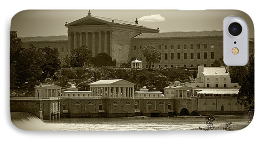 Philadelphia iPhone 7 Case featuring the photograph Art Museum and Fairmount Waterworks - BW by Lou Ford