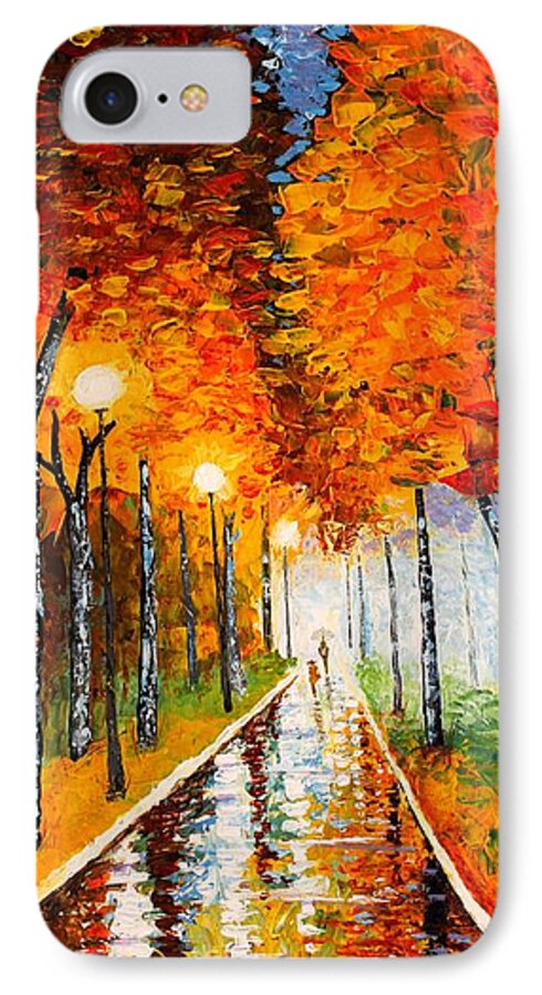 Autumn iPhone 7 Case featuring the painting Autumn Park Night Lights palette knife by Georgeta Blanaru