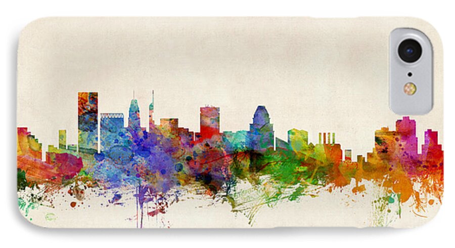 Watercolour iPhone 7 Case featuring the digital art Baltimore Maryland Skyline by Michael Tompsett