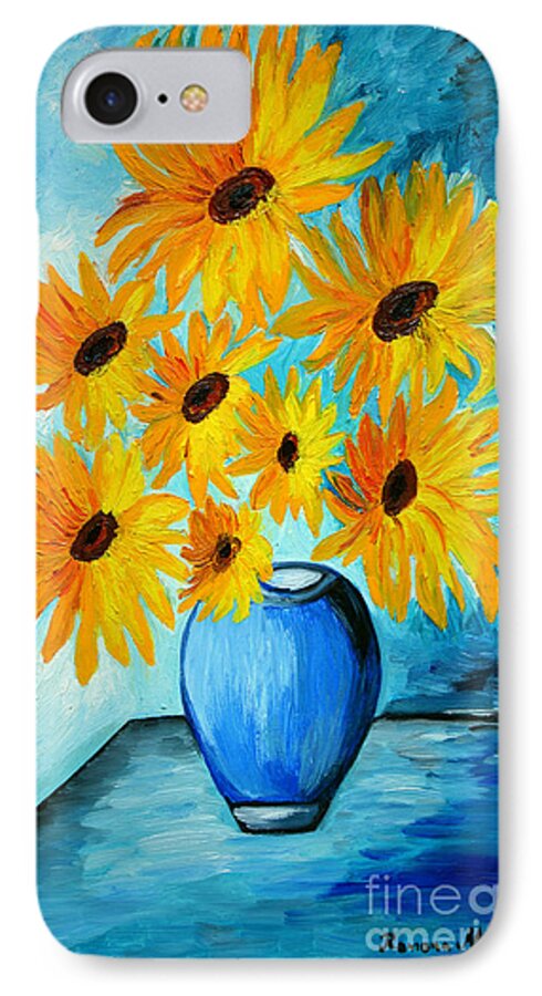Sunflowers iPhone 7 Case featuring the painting Beautiful Sunflowers in Blue Vase by Ramona Matei