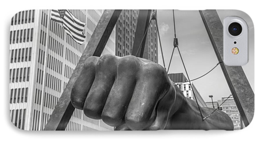 Detroit iPhone 7 Case featuring the photograph Black and White Joe Louis Fist and Flag by John McGraw