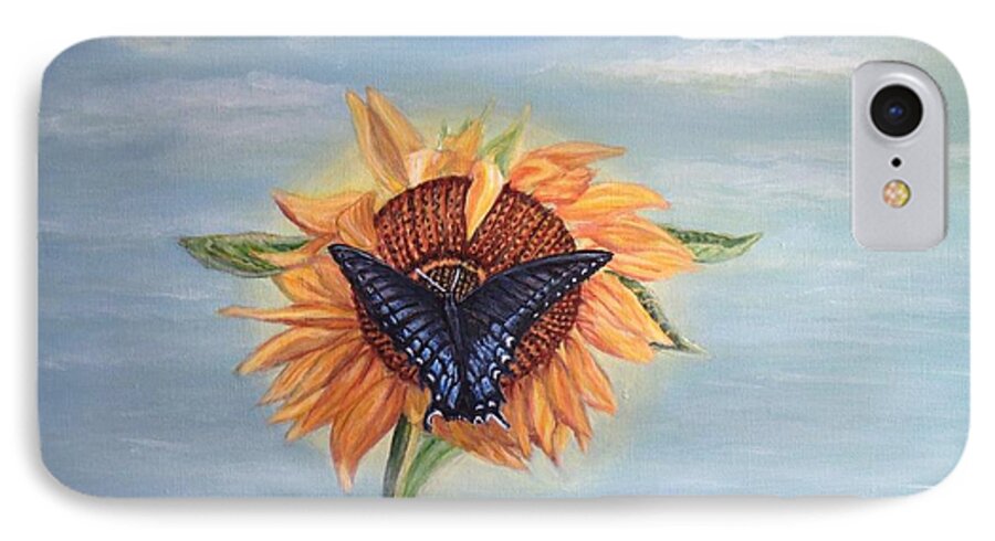 Nature Paintings Butterfly Paintings Sunflower Paintings Black And Blue Monarch Sucking Nectar From A Yellow Orange Sunflower Blue Skies With Light Wispy Clouds iPhone 7 Case featuring the painting Butterfly Sunday Full Length Version by Kimberlee Baxter