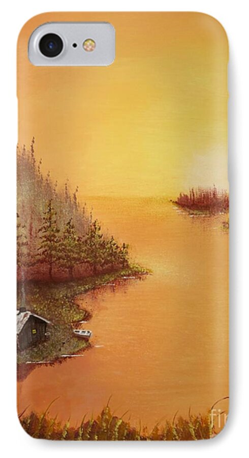 Cabin iPhone 7 Case featuring the painting Cabin on the Lake by Tim Townsend