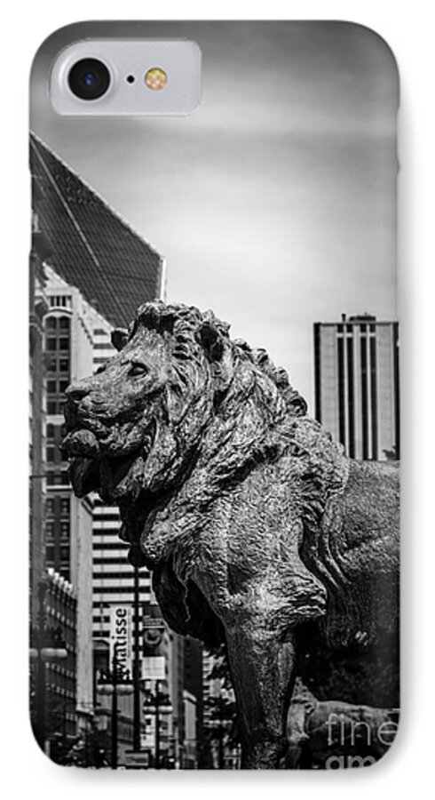 America iPhone 7 Case featuring the photograph Chicago Lion Statues in Black and White by Paul Velgos