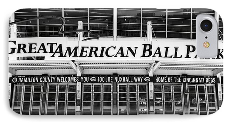 America iPhone 7 Case featuring the photograph Cincinnati Great American Ball Park Black and White Picture by Paul Velgos