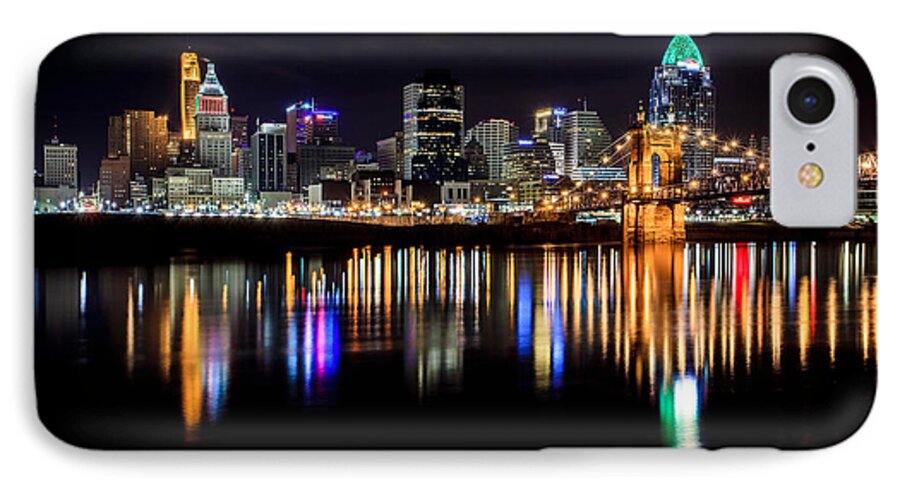 Cincinnati iPhone 7 Case featuring the photograph Cincinnati Skyline in Christmas colors by Keith Allen