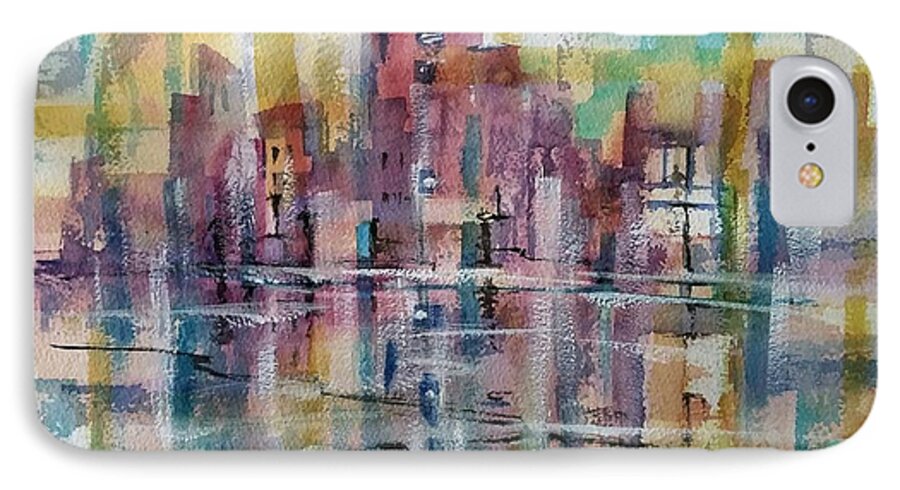 Imaginary City iPhone 7 Case featuring the painting City Reflections by Debbie Lewis