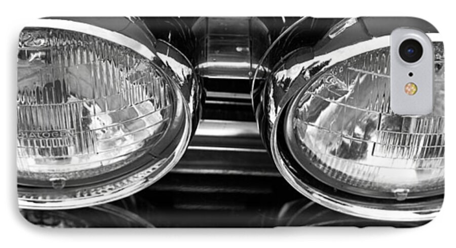 Custom Car Show Shine Classic Ford Blue Granum Alberta Canada Chrome Bumper Fender Detail American Automobile Antique Auto Black And White Headlamps iPhone 7 Case featuring the photograph Classic car grill and lights by Mick Flynn