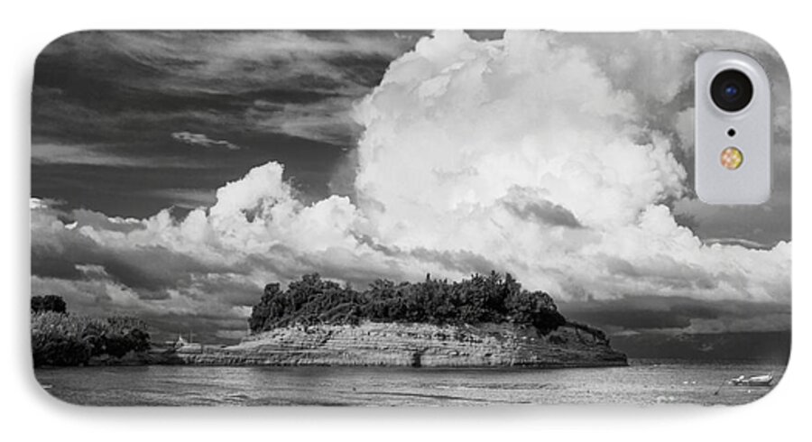 Cloudscape iPhone 7 Case featuring the photograph Cloud boat and cliffs on Corfu by Paul Cowan