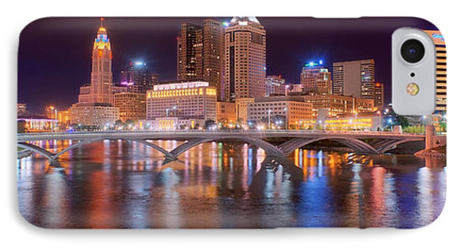 #faatoppicks iPhone 7 Case featuring the photograph Columbus Skyline at Night Color Panorama Ohio by Jon Holiday